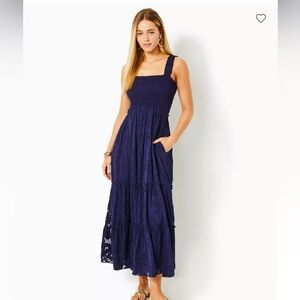 Lilly Pulitzer Hadly Smocked Maxi Dress in navy blue..
